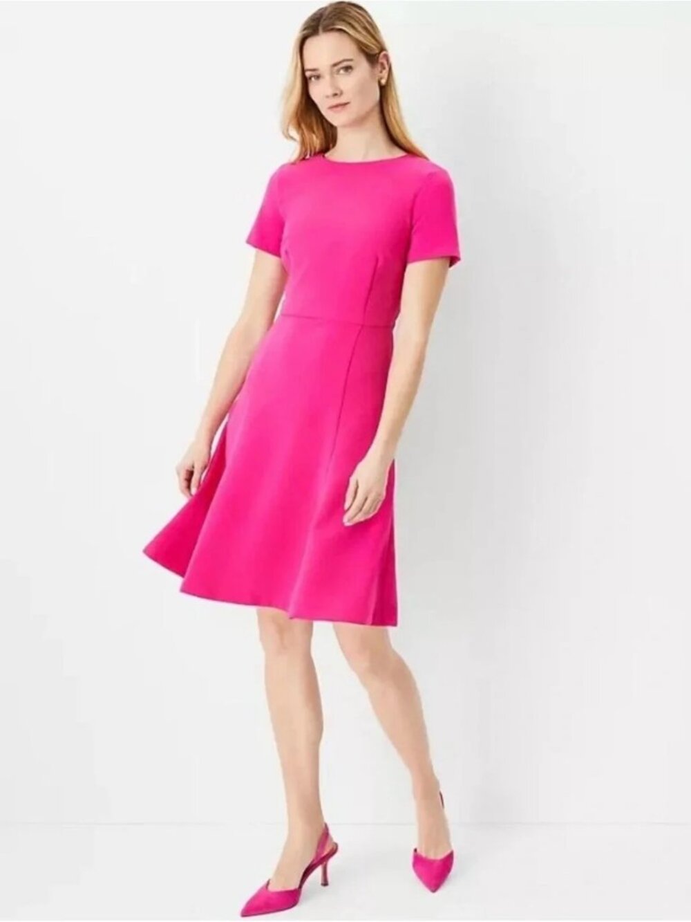 Ann Taylor Crew Neck Short Sleeve Flare Dress in Hot Pink